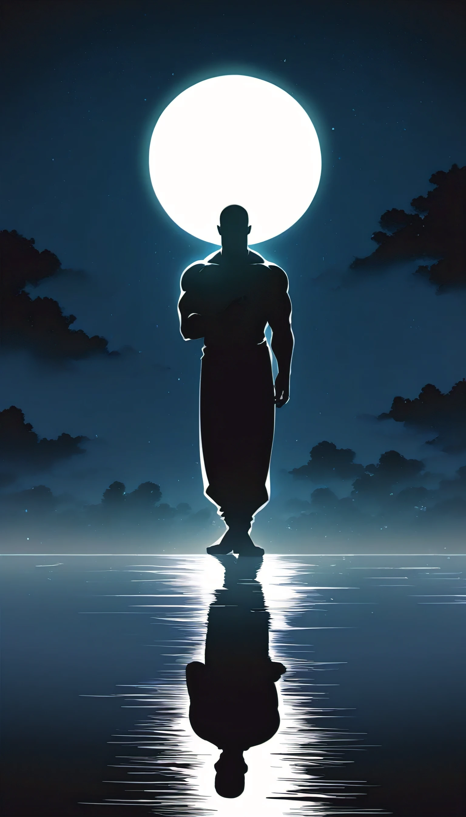 A Strong Buddhist muscular man stands in the smoke, Black jumpsuit, Very tight, Silhouette effect, Tall muscular man, Priapus, Dark Black, Dark black skin, Buzz Cut, His muscles are very developed, Very tall, short hair, Blend into the smoke, Lake, Reflection, Stars, moonlight, Big Moon, Man silhouette, Chinese, black and white, Simple style
