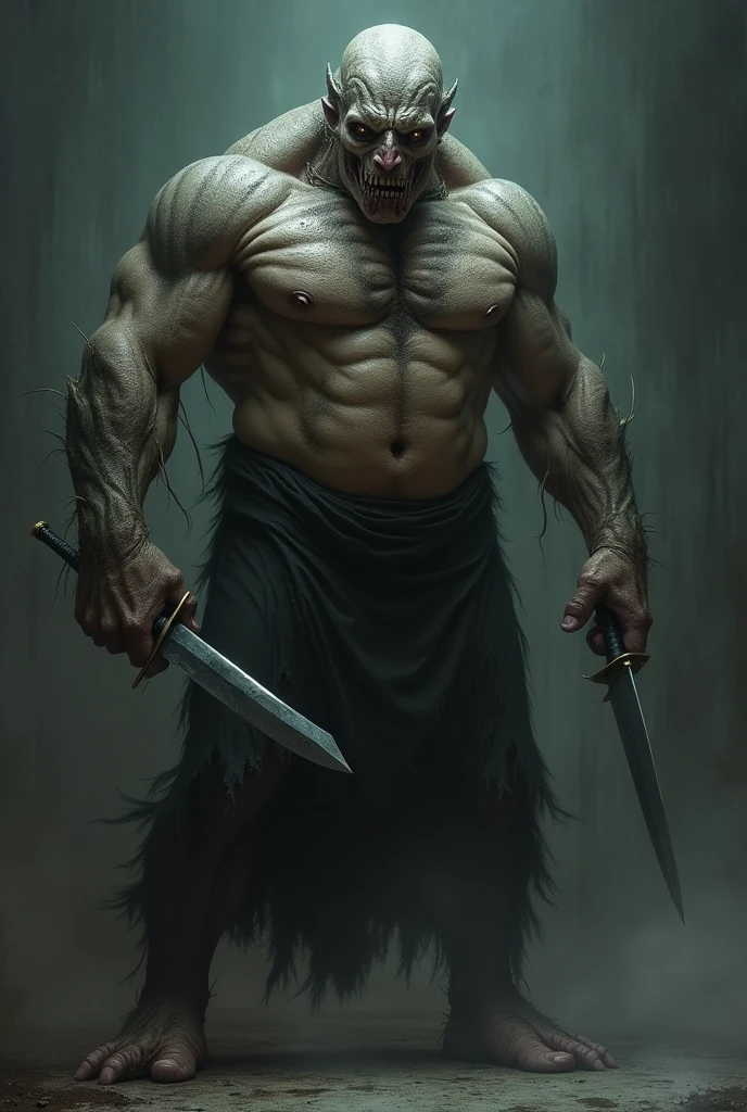 A masked creature, musclegirl, sorriso frightful, deep eyes, terrivel, frightful, knife 