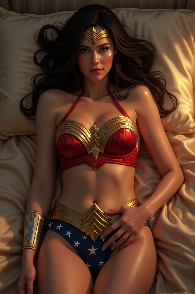 Wonder woman lying on bed wearing bikini and wants to have sex