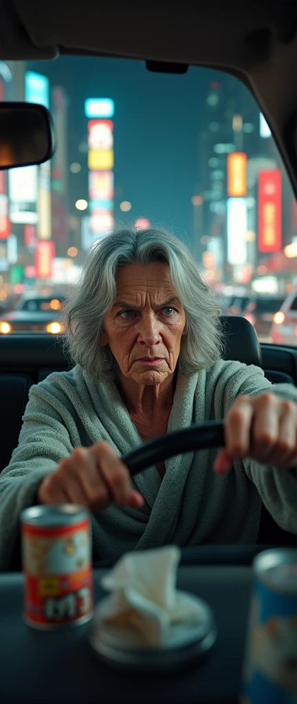 8k, a cat lady, driving a car, she is stuck in traffic, she is very angry