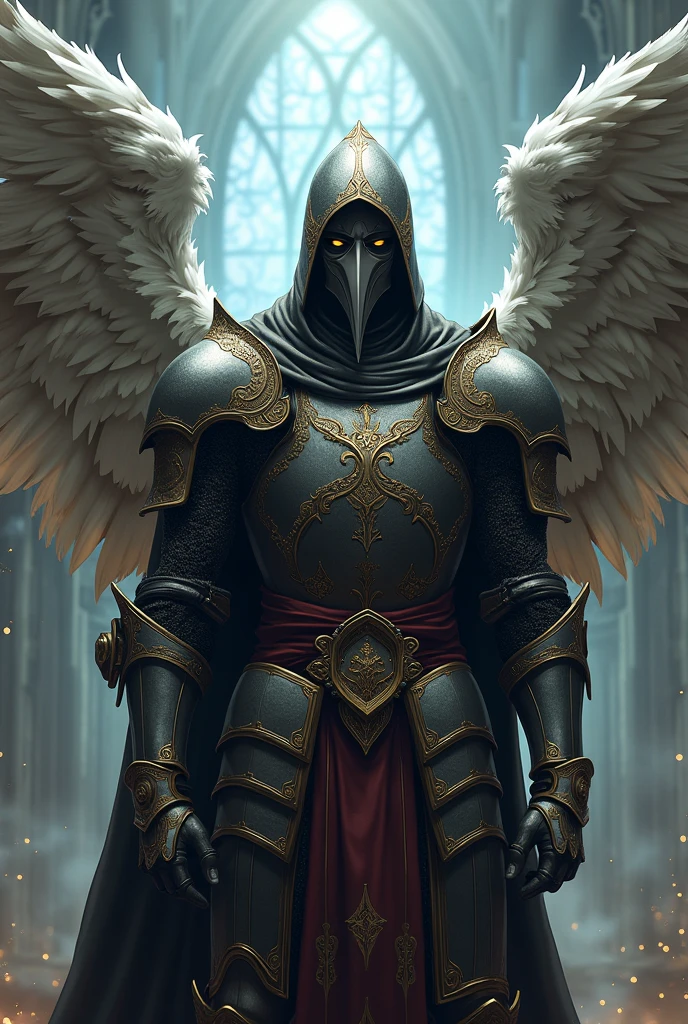 Create a man with angel wings, Plague Doctors Mask and Templar Armor, in anime style