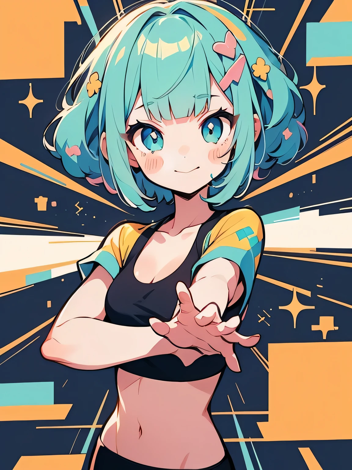 looking at viewer,((dancing pose:1.3)),seiza,upperbody,hightquality、((Kawaii 2Girls))、Colorful color palette、high-level image quality、(blunt bangs),curly bob,(sports bra),Unprecedented amount of drawing、anime styled、Geometric pattern background、front facing、sticker style