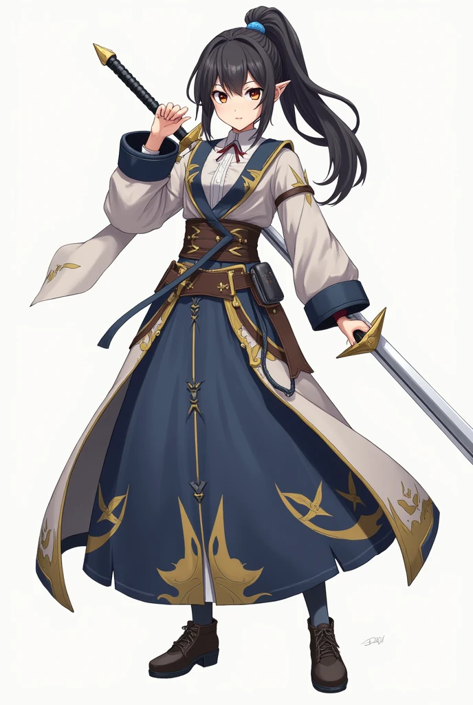 full body. a girl in a costume holding a sword, (ponytail forehead hair pulled back:1.3), (black hair:1.3), anime style, from girls frontline, fine details. girls frontline, girls frontline universe, girls frontline style, girls frontline, girls frontline cg, soft anime illustration, 2 0 2 2 anime style, 2022 anime style, pixiv contest winner, concept art 2022,