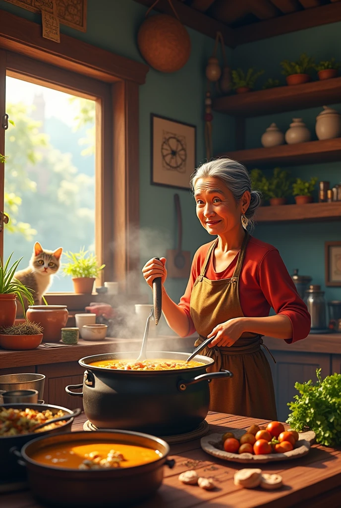 A fat, sly old Thai woman is cooking in the kitchen of a Thai temple. She is boiling a large pot of curry. There are various cooking utensils and ingredients for cooking, both vegetables and meat. There is a cat thief who is watching and stealing food by the window.