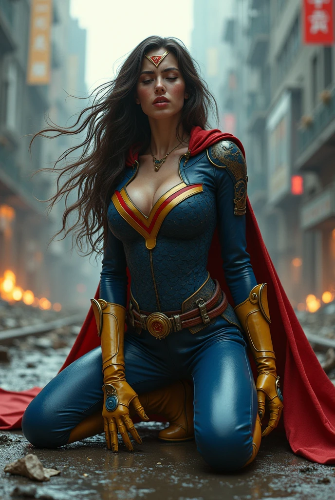 (((A beautiful long black haired woman on her knees screaming exhausted after an extensive battle ((((((Red V-shaped diaema with a yellow v in the center of the diaema ))))))Under the cloak of Big Barda light eyes her superheroine costume is samurai themed. Her usual costume is a blue leather jumpsuit with scales all over the suit and a gold armor corset over her jumpsuit, thick red belt, burnt yellow boots and gloves on a large, high-cylinder futuristic motorcycle in an apocalyptic city with a lot of destruction.))),(((without cape))),(((side preview))),(((without cape)))