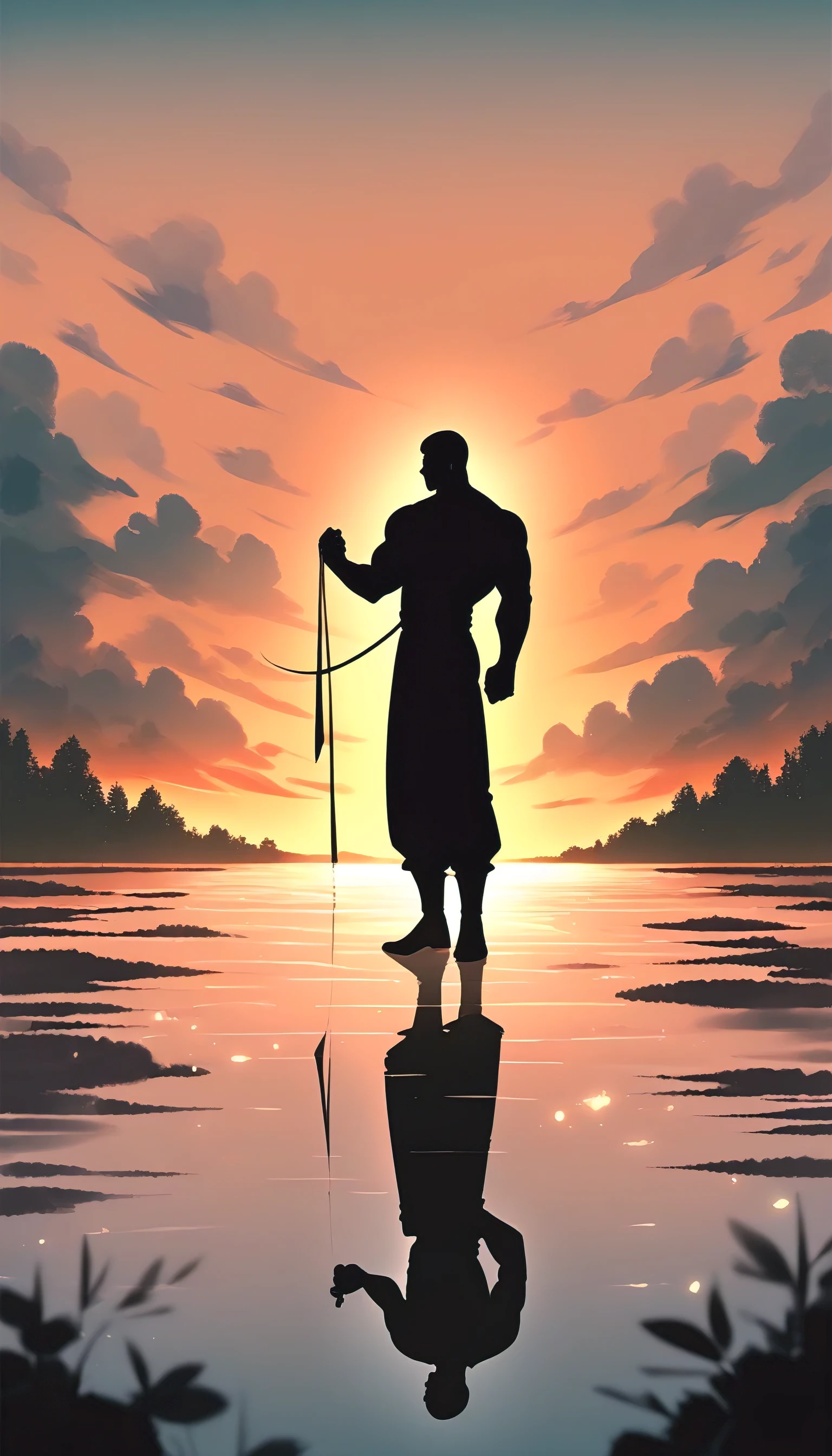 A Strong Buddhist muscular man stands in the smoke, Black jumpsuit, Very tight, Silhouette effect, Tall muscular man, Priapus, Dark Black, Dark black skin, Buzz Cut, His muscles are very developed, Very tall, short hair, Blend into the smoke, Lake, Reflection, Sunset, Sunset, Man silhouette, Chinese, black and white, Simple style