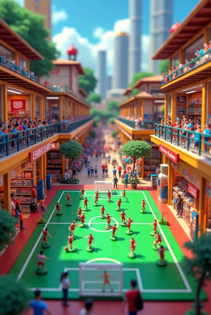 Football field and football board games, football player model shop located next to the football club sportswear shop, national team clothing and sportswear.