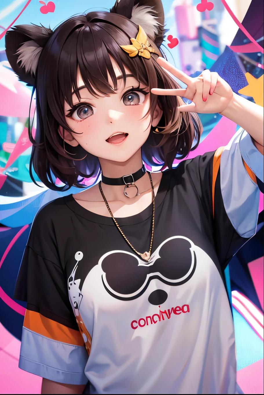 Top quality, highly detailed, UHD, idol, playing at an amusement park, cute and beautiful anthropomorphic koala girl with brown curly bob hair wearing a heart-shaped choker, casual clothes