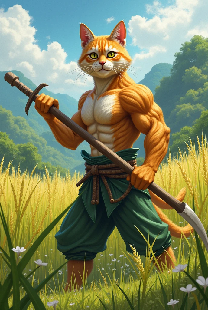 Give me a muscle cat cutting rice in the rice field