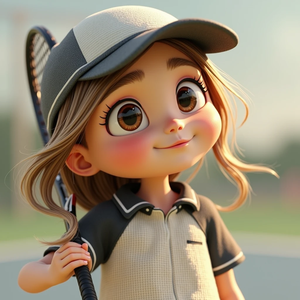a beautiful girl, holding a tennis racket, pixar style, highly detailed, cinematic lighting, vibrant colors, photorealistic, 8k, masterpiece, professional 3d render, beautiful detailed eyes, beautiful detailed lips, extremely detailed face, long eyelashes, Whole body, dynamic pose, sports equipment, outdoor tennis court, blue sky, green grass, sun flare, cinematic camera angle,a tennis swing