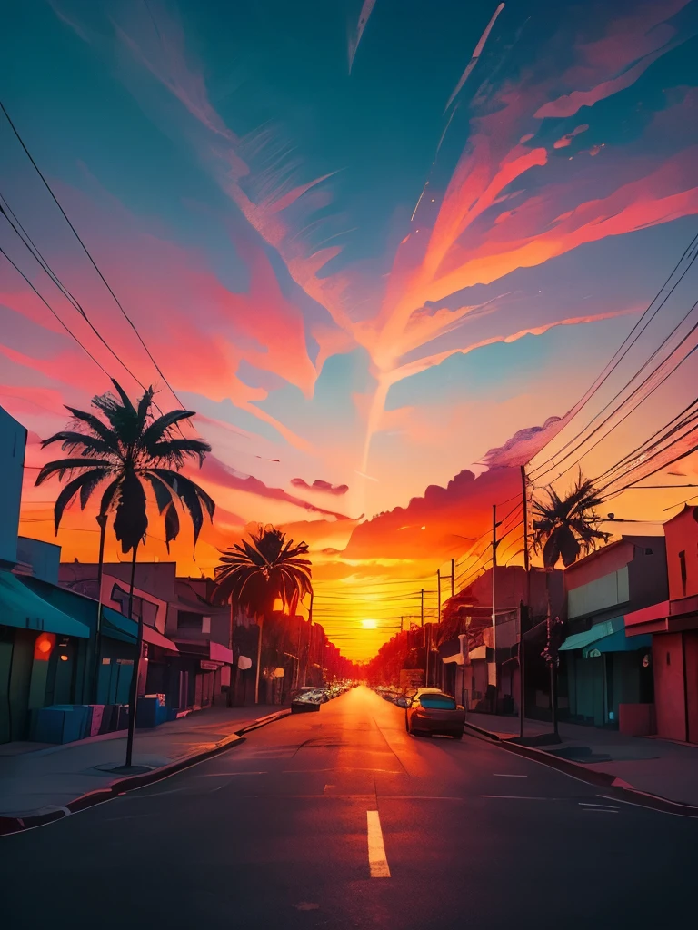 arafed view of a street with palm trees and a red light, a colorized photo by Alena Aenami, unsplash, neo-fauvism, colorful skies, colorful sunset, colorful sky, vaporwave sunset, colorfull sky, colorful aesthetic, colorful sunset!!, vibrant sunset, psychedelic sky, synthwave sunset, colourful sky, synthwave colours