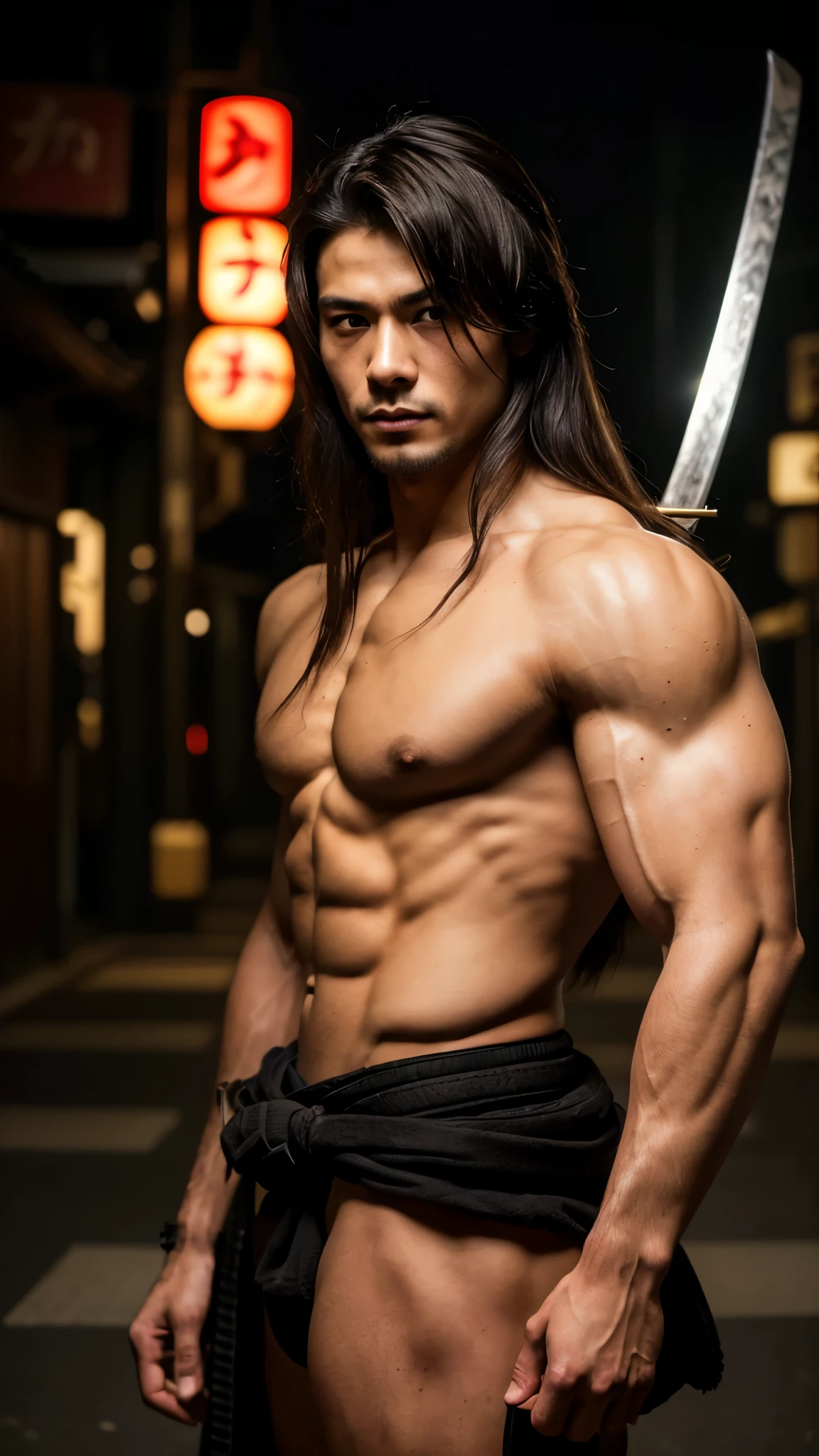 Realist:1.3,( fPhoto, Realist, 8k, RAW Photos, Premium Quality, masterpiece, Great lighting, Centered Images), (Samurai), (2 katana), whole body, (Handsome Japanese young man, have confidence、Trained muscles., Wildman and his body with perfect details), cyber punk, Disheveled brown long hair, Warrior, Tokyo, Shibuya Ward,