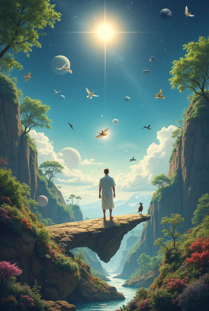 A scene with space which shows nature beauty and some stars and planets and sun in day light with animals and birds with flying and a man standing between them by flying in centre