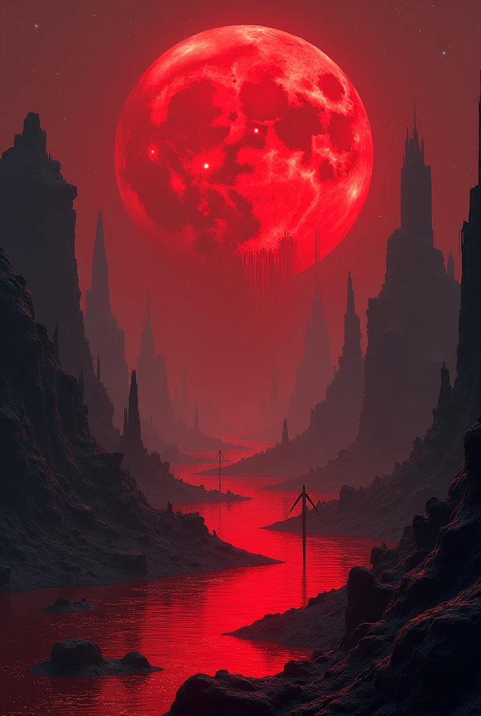 Imagine a haunting and surreal landscape where a vast, crimson lake stretches out between towering mounds. These mounds, upon closer inspection, are formed by the lifeless, piled bodies of the fallen, creating a grim and somber terrain. The lake, a deep red, is composed entirely of blood, its surface still and reflective in the eerie silence.
Above this unsettling scene, the sky is void of stars, dominated only by a single, enormous blood-red moon. This moon is unlike any other, for it bleeds, a continuous stream of blood cascading down from its surface like a waterfall. This unearthly cascade flows directly into the crimson lake below, feeding it and serving as the source of its existence.
The atmosphere is heavy with an ominous sense of dread, as the moon’s bloody tears symbolize a connection to some ancient and malevolent force, with the entire scene encapsulating the prophecy’s dark and powerful essence.