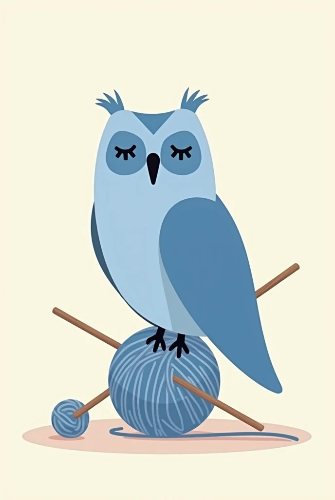 Minimalist drawing of a blue owl on a ball of yarn with a wooden knitting hook buried in the ball of yarn