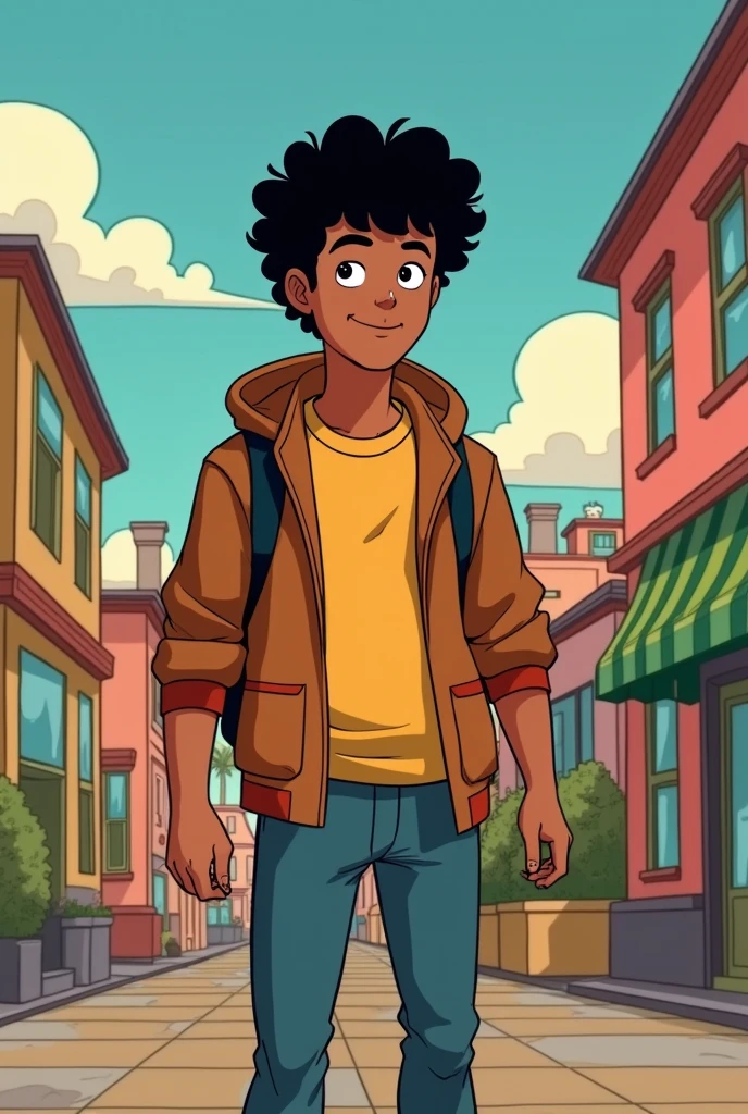 teenage male character, 2d style of the Scooby Doo series gang, brown skin and very short curly hair type 3a black