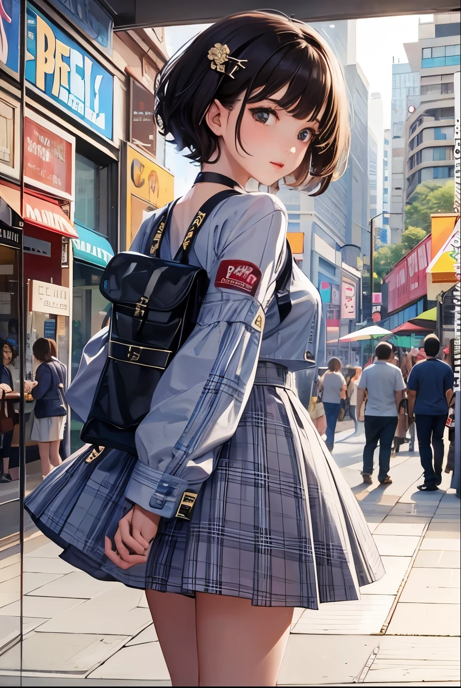 Top quality, highly detailed, UHD, idol, playing at an amusement park, cute and beautiful anthropomorphic koala girl with brown curly bob hair wearing a heart-shaped choker, casual clothes