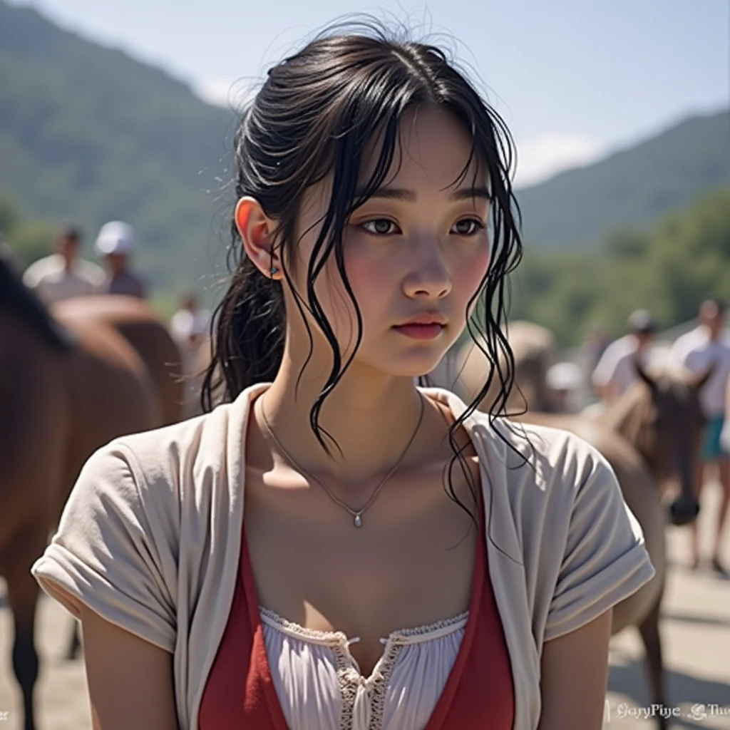 A photography a young woman, looking forward, sweaty skin, slightly reddish cheeks and looks tired. black hair wet with sweat, some loose strands sticking to her face. dark brown eyes slightly stuck to her forehead, thick dark eyebrows, straight nose in proportion to her face. , thin lips tightly closed, wearing a red nightgown with a low slit, so that your chest is slightly visible