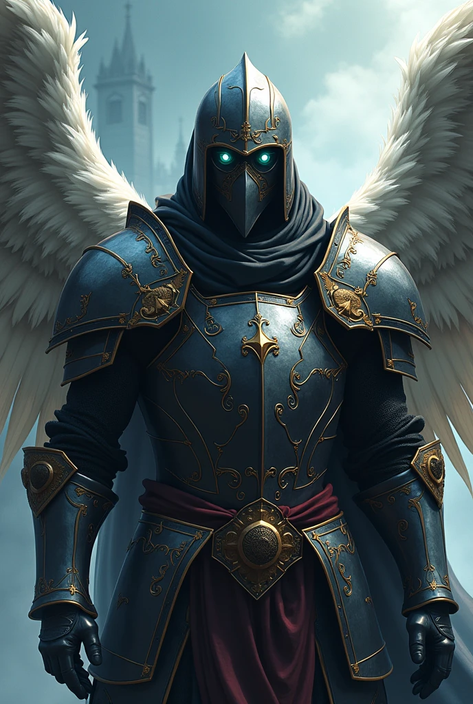 Create a man with angel wings, Plague Doctors Mask and Templar Armor, in anime style