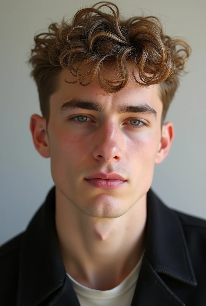men&#39;s hairstyle for dark blonde curly hair, with round chin, clearly visible entrances,  little hair in the front and big forehead