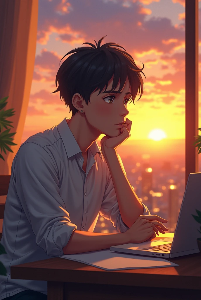 A anime boy study on table eith sunset and watch leacture on next topper