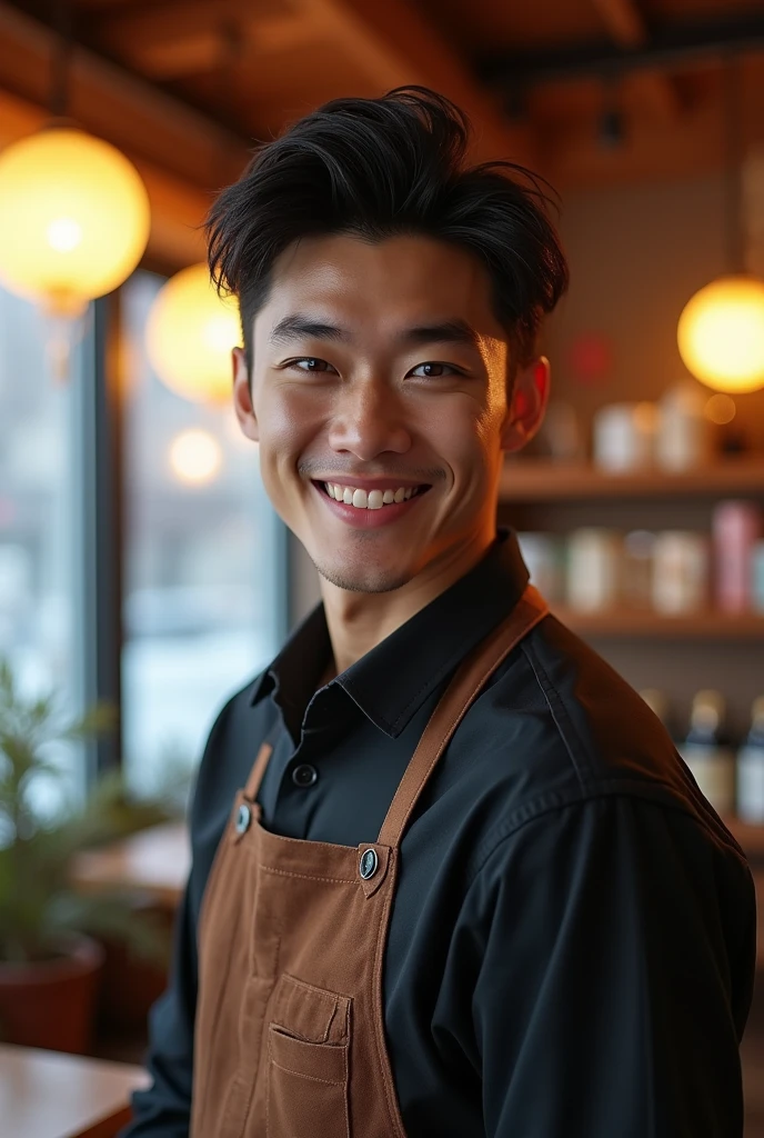 Photorealistic, 8K full-body poster, Japanese, 1 person, smile, Sharp eyes, Attractive look, Detailed facial details, Rugged skeleton, Tokyo, Winters, Inside the cafe,Slit eyes,Cafe uniform,Beautiful silky skin,20-year-old male