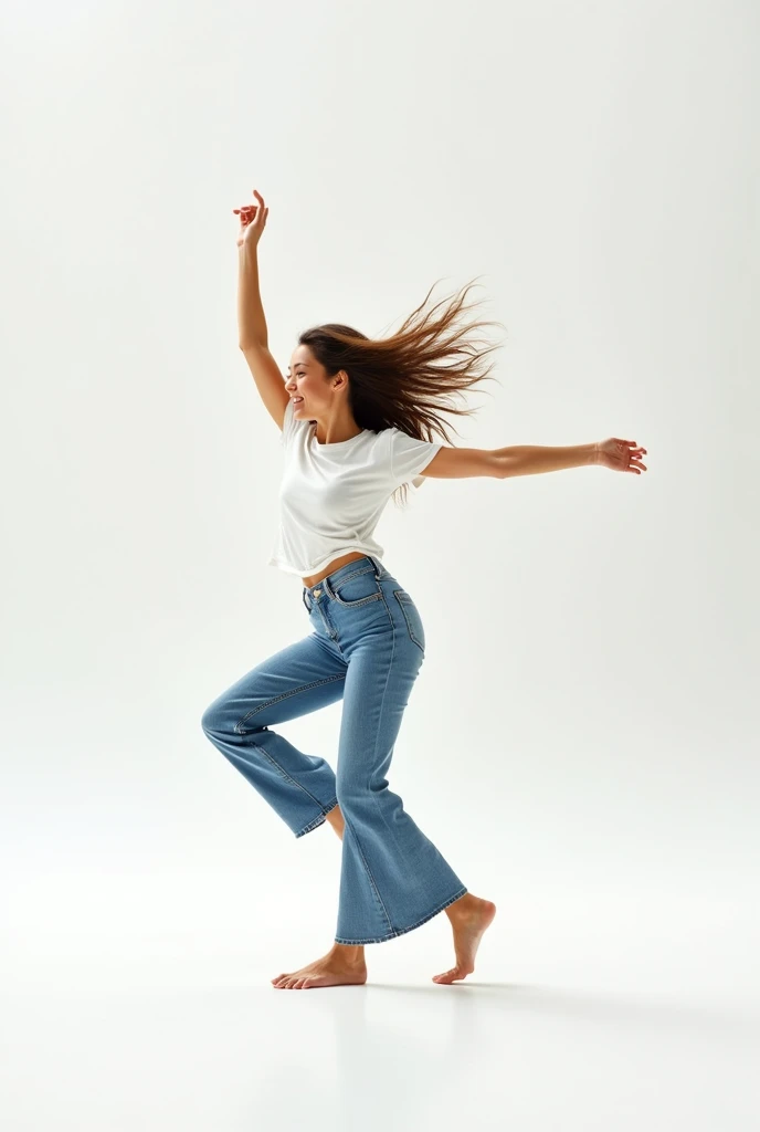 A girl is dancing on a white floor. She wears t shirt and jeans