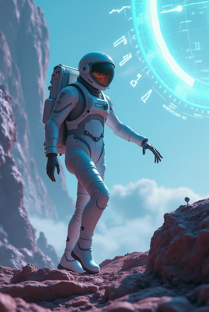 A futuristic astronaut exploring an alien planet. A holographic book floats in front of her, displaying star maps and alien languages. A small, metallic target is embedded in a nearby rock."