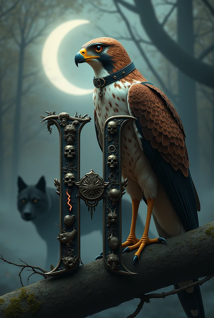A large falcon with wings outstretched is perched on a branch. The falcon is wearing a collar. Beside the falcon, a large, ornate letter 'H' is prominently featured. The letter 'H' is adorned with intricate skulls, wolves, and lightning bolts. The background is filled with smoke and features a hellhound. There is a crescent moon in the background.