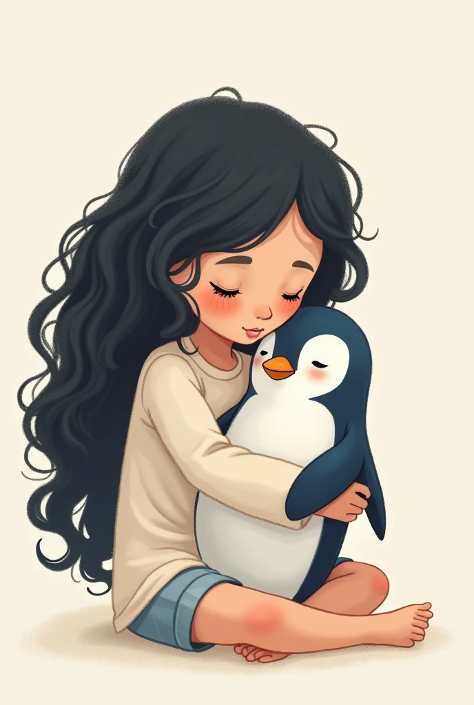 An illustration of a girl with long curly black hair, carrying a very chubby penguin, light blue in color with closed eyes and a little orange