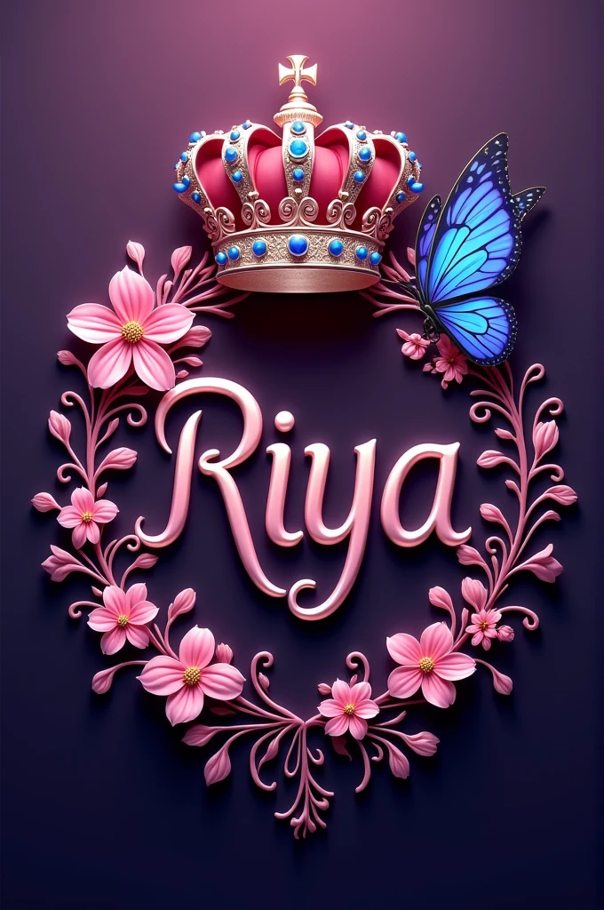 "A vibrant and royal design featuring the name 'RIYA' in elegant, flowing script. The background is a rich, deep purple, with intricate swirls and floral elements in shades of pink surrounding the name. A majestic, ornate crown sits atop the name, adorned with blue and pink jewels, symbolizing royalty and elegance. On the right side of the image, a delicate butterfly with bright blue and purple wings adds a touch of whimsy and beauty. The overall design is ornate and luxurious, with a 3D effect making the elements appear almost tangible."