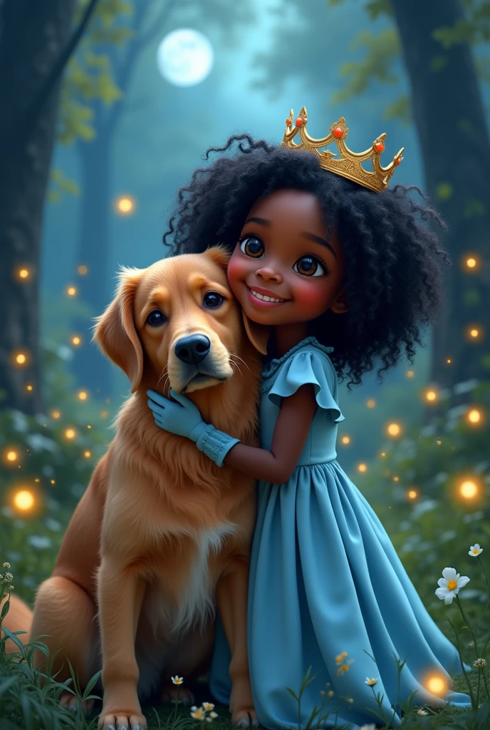 Dark skinned girl with black hair , dark eyes , Beautiful smile.with a golden retriever dog. Repesentavion pixar, light blue oversized dress ,spongy ,with a blue crown, blue gloves , in a forest with fireflies at night, Medium skin tone