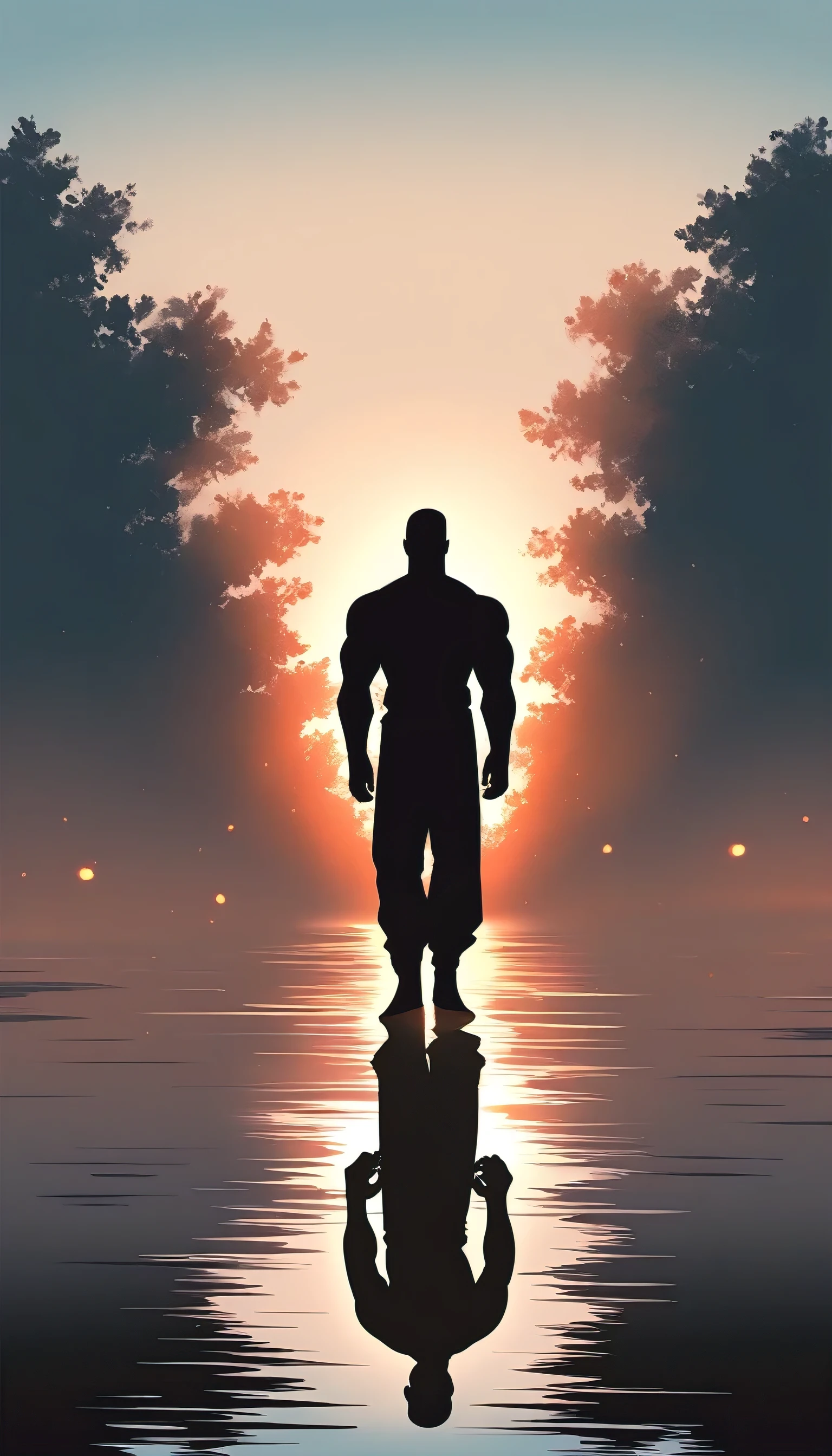 A Strong Buddhist muscular man stands in the smoke, Black jumpsuit, Very tight, Silhouette effect, Tall muscular man, Priapus, Dark Black, Dark black skin, Buzz Cut, His muscles are very developed, Very tall, short hair, Blend into the smoke, Lake, Reflection, Sunset, Sunset, Man silhouette, Chinese, black and white, Simple style