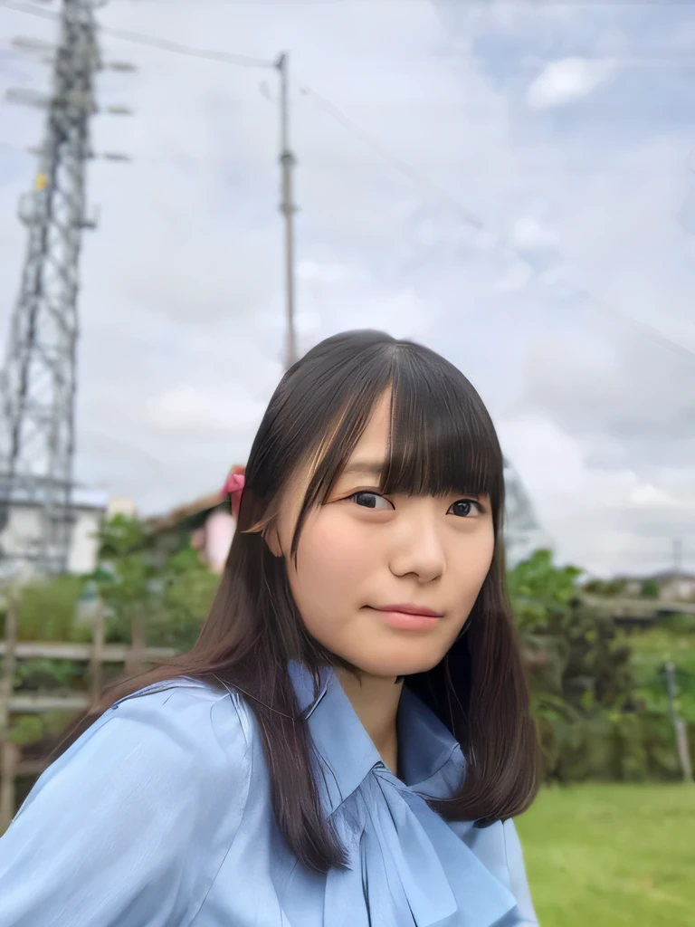 Super detailed,Highest quality,1 female,1,Turn slightly to the side and look at me,Blue blouse,Posing for a photo,The background is blurred