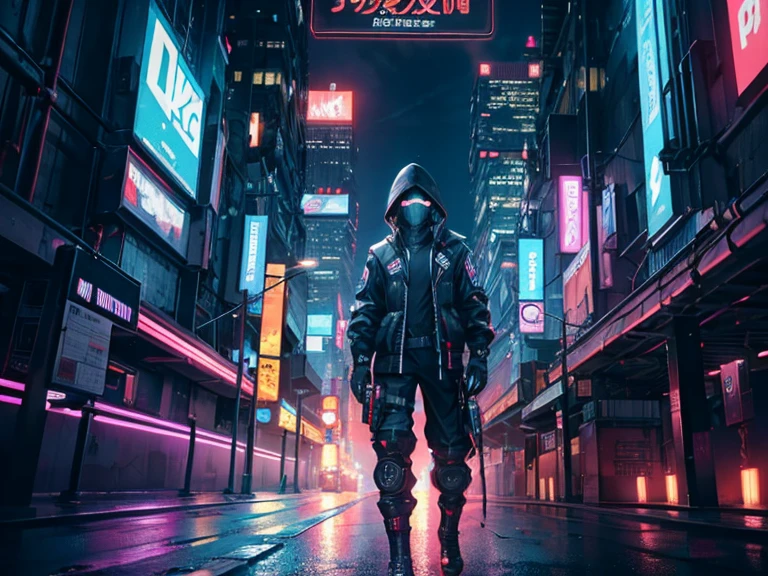 Very detailed,High resolution,4K,8k,masterpiece,High resolution,Late Night,Cyberpunk cityscape,Vibrant neon glow,A ninja stands in the middle of the road