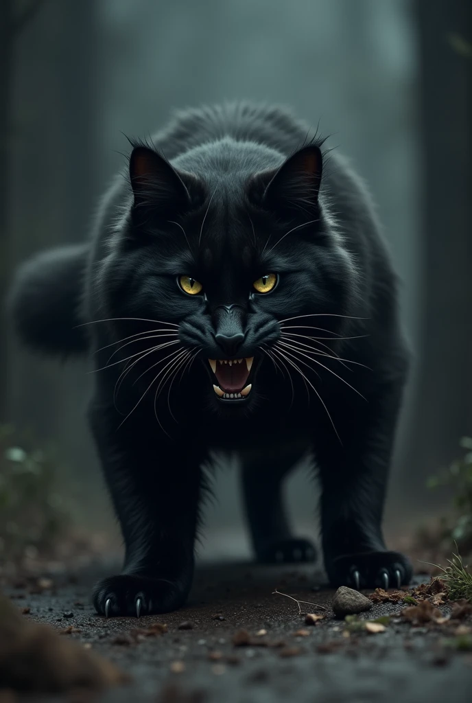 Aggressive black Maine Coon cat in the dark 