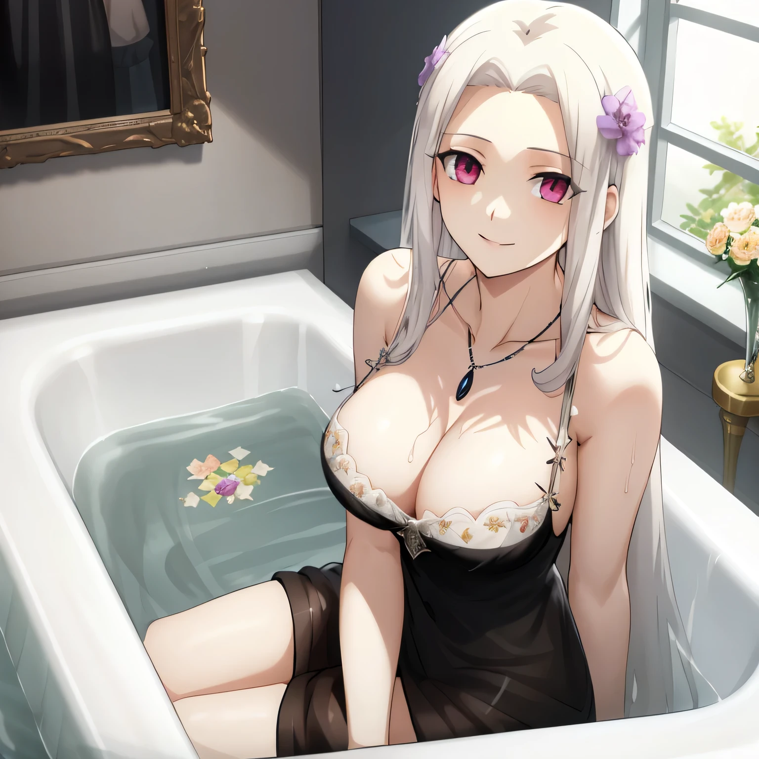 Irisviel,black sheer dress sleeveless,solo,looking at viewer,beautiful smile,arm at side,middle size of breast,beautiful necklace,in beautiful bathroom,wet dress,water water with flowers,big bathtub with decorations,Sexual atmosphere