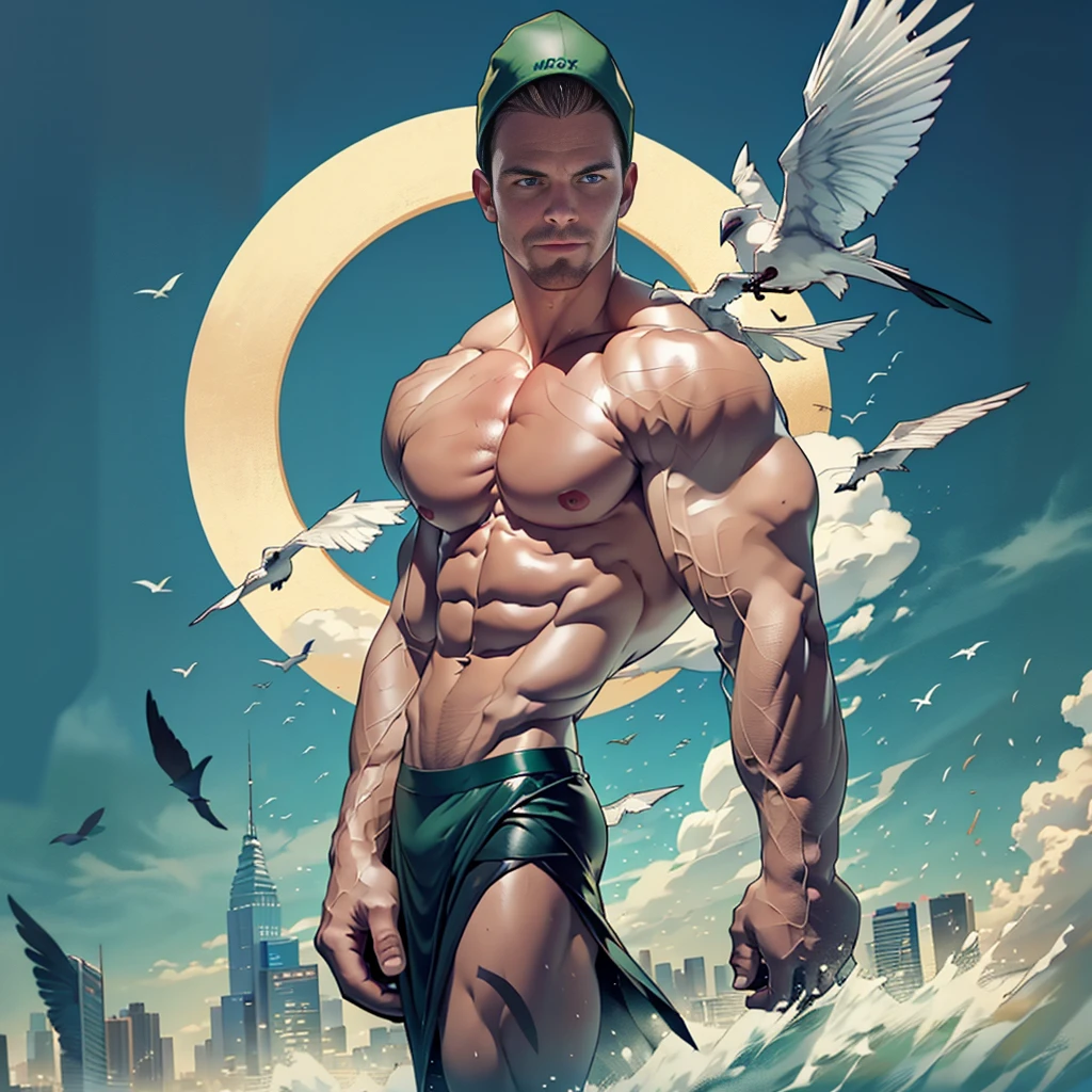 dark blue background,white mist,A handsome tall man (((Stephen AMELL))) floating in the night,He is 2,Thin waistwith a bulge,The pectoral muscles are well developed, He is 175cm tall,Weight 72 kg、blue-green eyes、brown hair color、short hair、Toplesuscle,The body is slightly covered with transparent dark green gauze,You can see the body underneath, Countless birds flying in the sky,underwear,Black feather,looking TO THE VIEWER,smiling ,
