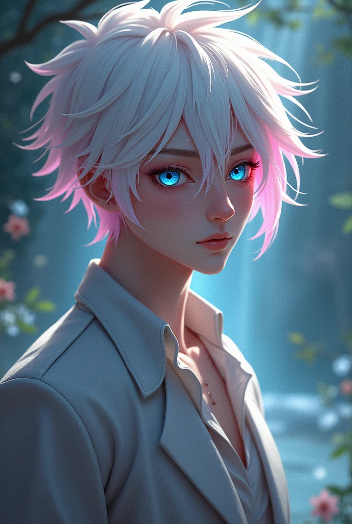 I just want to be a supporting character in another world. I am a man with white hair and pink hair. I have blue eyes. My eyes are cute and beautiful. My face looks like a woman.