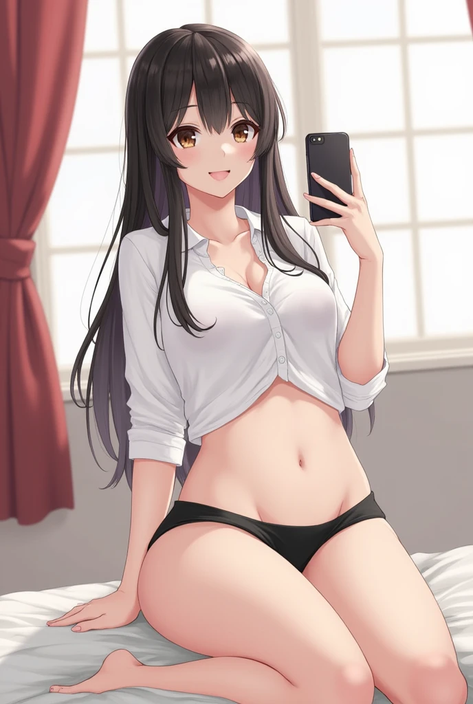 1girl, breasts, phone, solo, long_hair, navel, underboob, black_hair, selfie, shorts, cellphone, smartphone, curtains, underwear, bed, large_breasts, panties, holding, realistic, thick_thighs, holding_phone, shirt, thighs, crop_top, mole, black_panties, short_shorts, indoors, white_shirt, black_shorts, curvy, midriff, brown_eyes