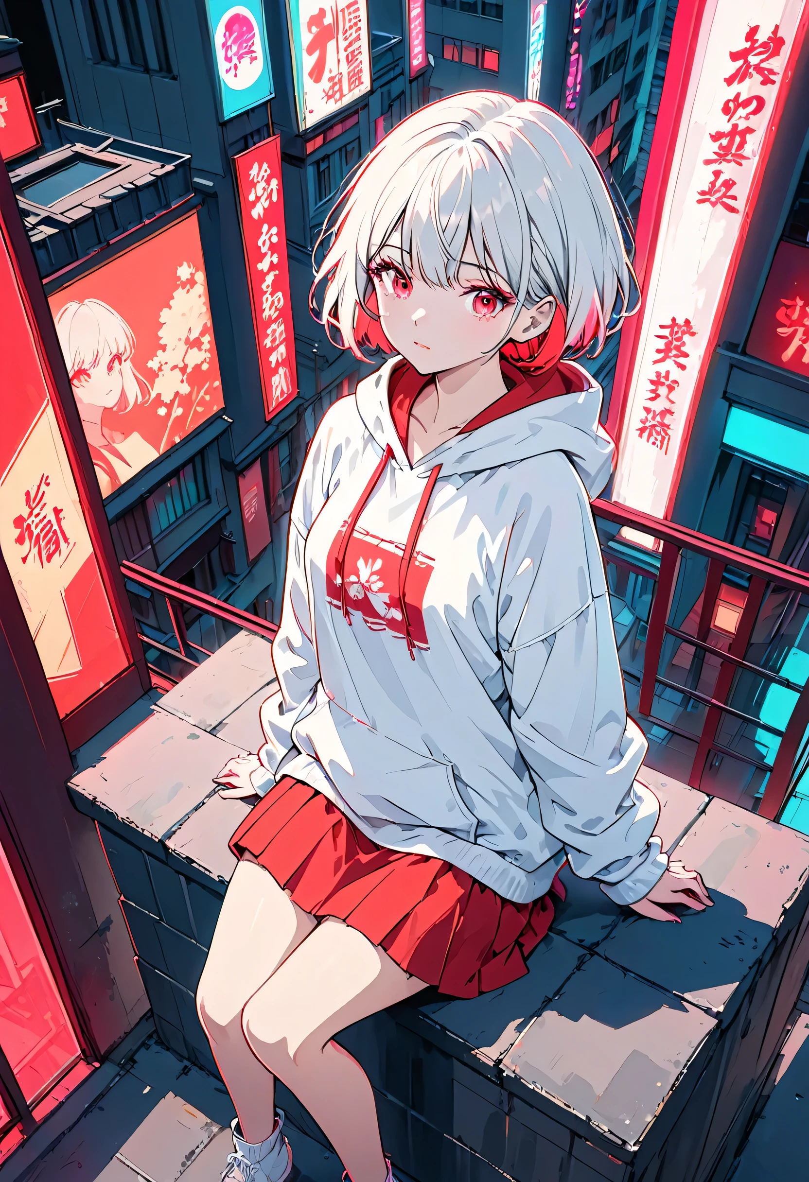masterpiece,Highest quality,1 Synthwave style girl,Red outline,Neon lit street,Red fluorescent paint,alone,From above,Cowboy Shot,Sitting on the roof of a building,Highly detailed CG,Flat Color,Limited edition palette,No Line Art,silhouette,Partially colored,Alternative color,Dynamic Angle,Red long top champagne,Shadow of Red,Synthwave,chromatic aberration,(alone focus),Perfect Shadow,Wearing a white hoodie,Delicate face,,Beautiful and delicate eyes,White Hair,Short Bob Hair,Delicate background,red neon lights,Around ,About 150 tall