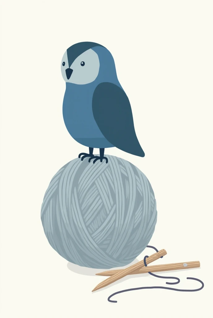 Minimalist drawing of a blue owl on a ball of yarn with a wooden knitting hook buried in the ball of yarn