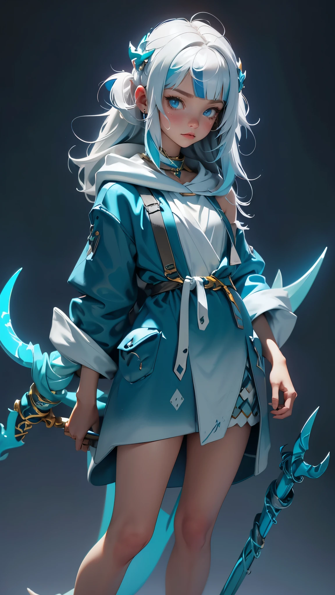 envision a 8k, highres, cinematic, full body design of a small and Atlantean girl named Gawr Gura with shoulder length white hair with blue highlights in a blue shark hoodie holding Poseidon's trident against a dark gray background