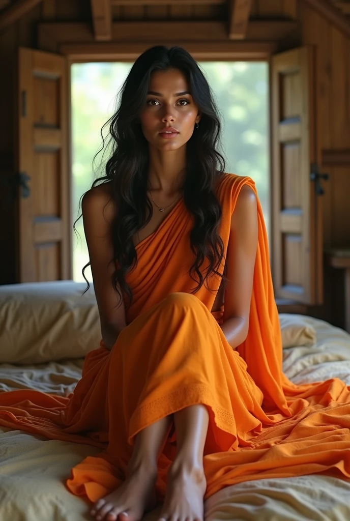 (photorealism:1.2), beautiful woman, sitting on bed, wearing an orange saree covering the back of her head like "Sita Maya" from the hindu Epic "Ramayana" stretching out her legs in front showing her barefoot (brownish pinkish wrinkled foot soles) properly (facing the viewer) inside a cozy hut with an open window behind her back (Background)
