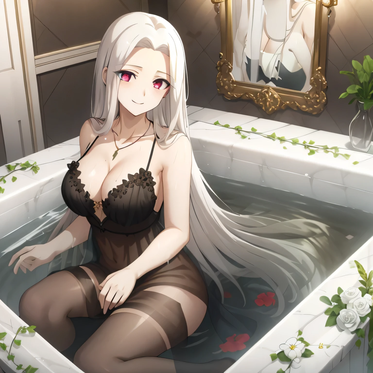 Irisviel,black sheer dress sleeveless,solo,looking at viewer,beautiful smile,arm at side,middle size of breast,beautiful necklace,in beautiful bathroom,wet dress,water water with flowers,big bathtub with decorations,Sexual atmosphere