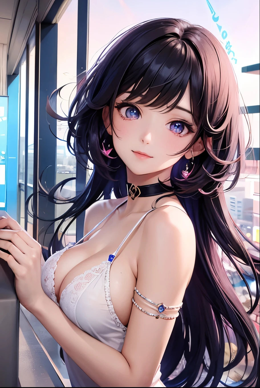masterpiece, best quality, highly detailed, high resolution, expensive resolution, high resolution, 4k, 8k, uniform 8k wallpaper, highly detailed CG, masterpiece, 2d, 3d, beautiful details, depth, fine texture, best quality: 1.3, perfectly focused, sharp. skin, him, very cute anime girl, her name is Mei, medium hair, K-pop idol style, y princess dress, expensive bob hair, mole under eye looking at the viewer, expensive, blush, mole, open lips, pink eyes, heart shaped choker, smiling face