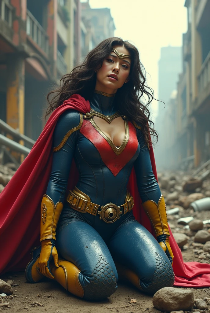 (((A beautiful long black haired woman on her knees screaming exhausted after an extensive battle ((((((Red V-shaped diaema with a yellow v in the center of the diaema ))))))Under the cloak of Big Barda light eyes her superheroine costume is samurai themed. Her usual costume is a blue leather jumpsuit with scales all over the suit and a gold armor corset over her jumpsuit, thick red belt, burnt yellow boots and gloves on a large, high-cylinder futuristic motorcycle in an apocalyptic city with a lot of destruction.))),(((without cape))),(((side preview))),(((without cape)))