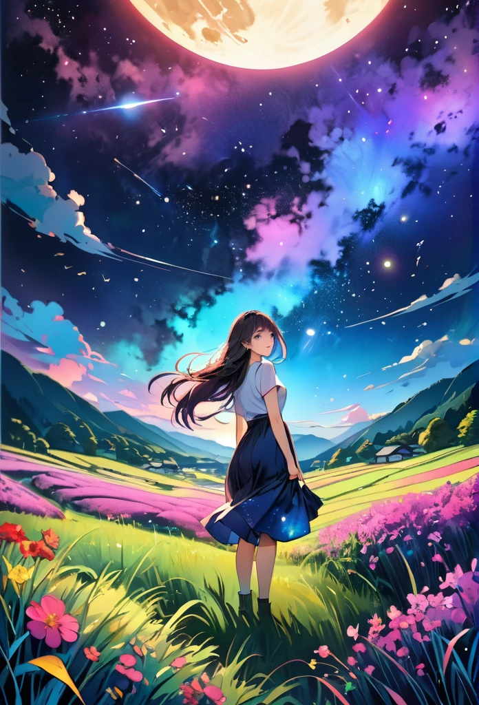 Hair in the air, Rear View, Look at the moon, Birds are flying in the sky, One Woman,young woman, Standing in the grassland, landscape, universe, 8k, Super Detail,Colorful watercolor style, chromatic aberration, A village deep in the mountains of Japan, Dark Theme,Magnificent nebulae in breathtaking vibrant colors、Depicting surreal interstellar space。There、curiosity、The birth and evolution of stars、And it's full of supernovae。_wide々Clear Sky Sunshine Panorama Ultra Sunset Sunrise (((Highest quality、Ultra-high precision、Ultra-high resolution、head'artwork)))、Low - Angle, headから足まで, Are standing,