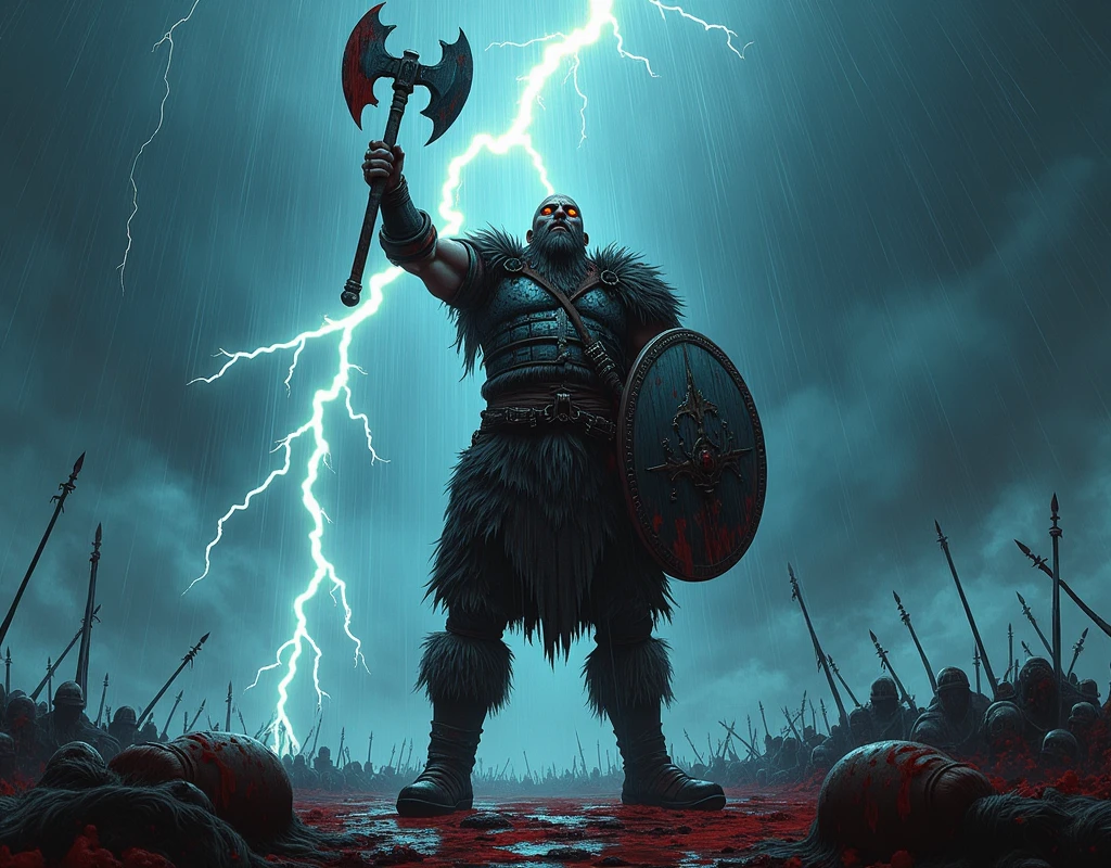 
*Amidst the pouring rain and crackling thunder, a solitary Viking warrior stands victorious, his silhouette stark against the stormy sky. His arms are raised high, gripping a bloodstained axe in one hand and a battered shield in the other, as he roars his triumph to the heavens. Rain cascades down his armor, mingling with the blood of his foes, but his stance is unwavering, a figure of pure, unyielding strength. Lightning flashes, illuminating his fierce expression—eyes ablaze with the fire of victory. Alone on the battlefield, with bodies of the fallen scattered around him, he is the embodiment of a warrior's spirit, defiant and triumphant even as the storm rages on.*Style comic noir