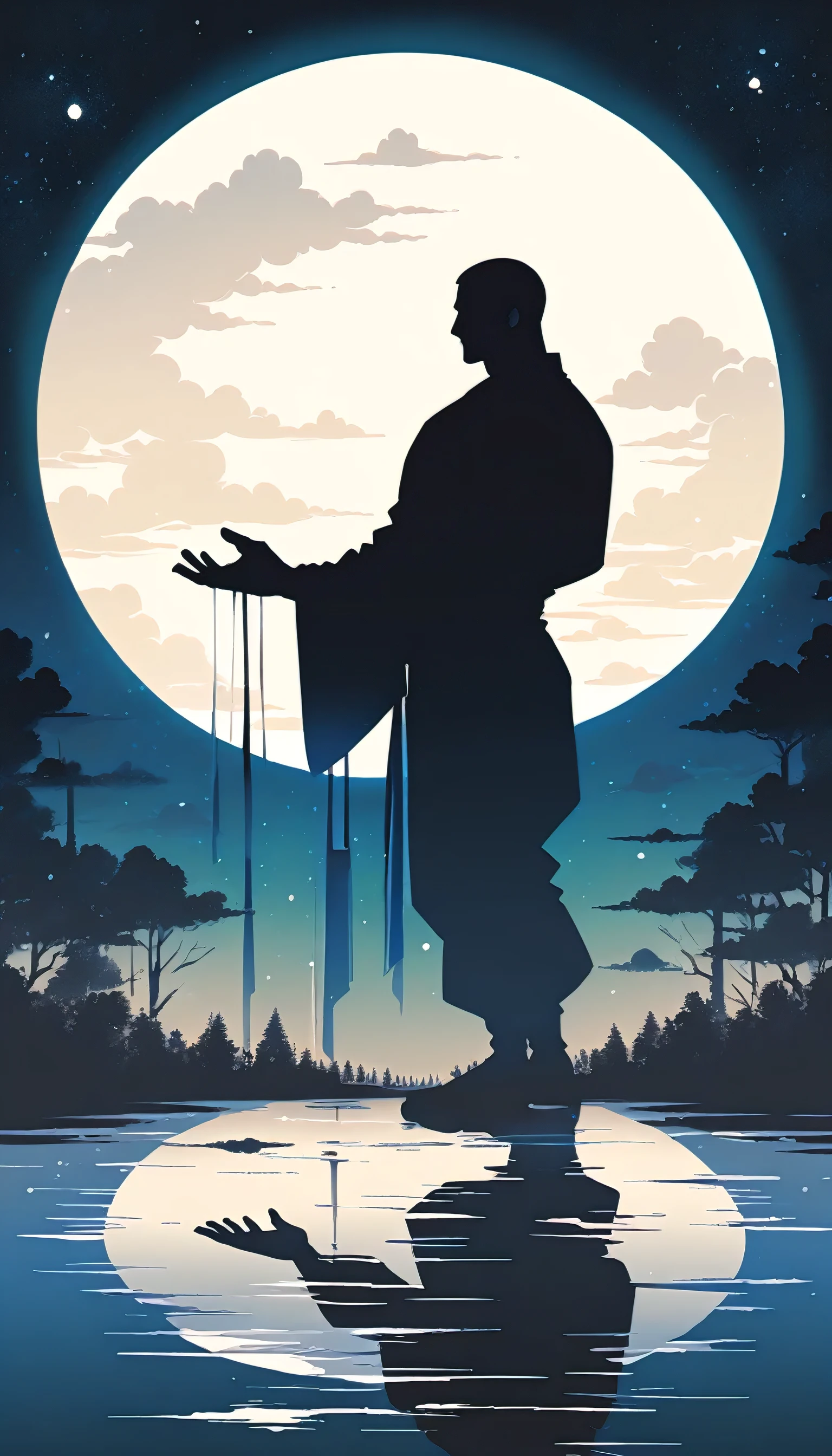 A Strong Buddhist muscular man stands in the smoke, Black jumpsuit, Very tight, Silhouette effect, Tall muscular man, Priapus, Dark Black, Dark black skin, Buzz Cut, His muscles are very developed, Very tall, short hair, Blend into the smoke, Lake, Reflection, Stars, moonlight, Big Moon, Man silhouette, Chinese, black and white, Simple style